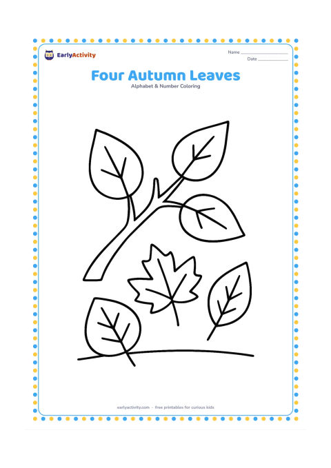 Colouring page: Draw exactly four large leaves scattered on a simple ground line beneath a small tree branch. Give the leaves four different clear silhouettes and a few vein lines.