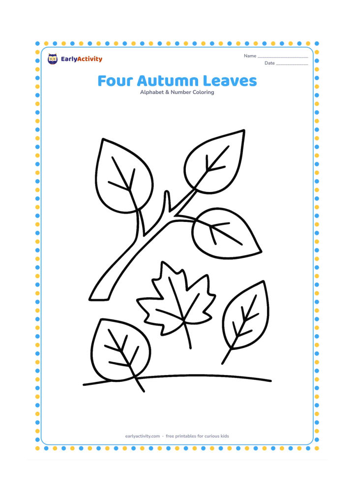Colouring page: Draw exactly four large leaves scattered on a simple ground line beneath a small tree branch. Give the leaves four different clear silhouettes and a few vein lines.