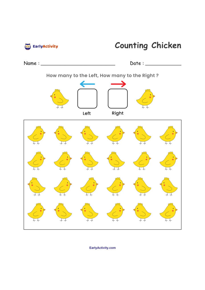 Worksheet showing rows of yellow chicks facing left or right, with arrows and boxes for counting each direction.