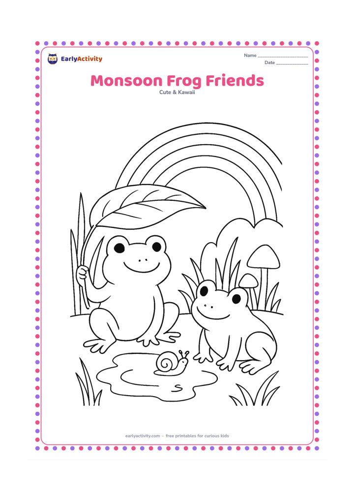 Colouring page: Two friendly frogs sit beside a puddle after rain, one holding a broad leaf overhead and the other watching a small snail. Add tall grass, mushrooms and a curved rainbow in the distance.