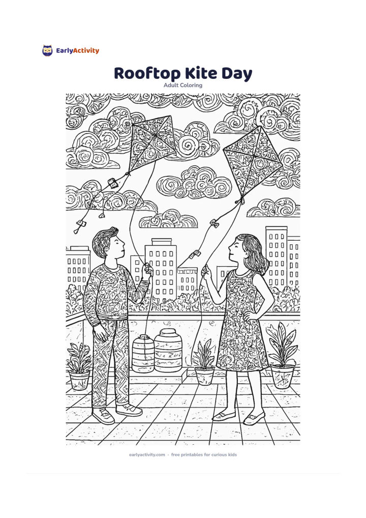 Colouring page: Two friends stand on a safe rooftop flying kites, with water tanks, potted plants, a low parapet, distant buildings and breezy cloud shapes behind them. Show the kite strings clearly and…