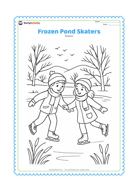 Colouring page: Two children skate carefully across a marked-free frozen pond, one gliding and one reaching toward a friend. Surround them with snowy reeds, bare trees, distant hills and a flock of birds.
