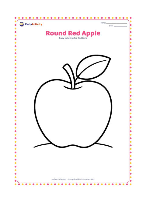 Colouring page: Draw one large apple with a short stem and one leaf, centered on the page with a simple curved ground line beneath it.