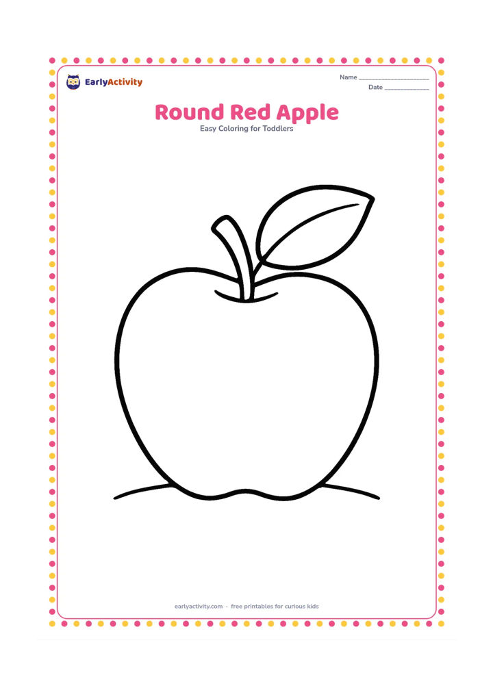Colouring page: Draw one large apple with a short stem and one leaf, centered on the page with a simple curved ground line beneath it.