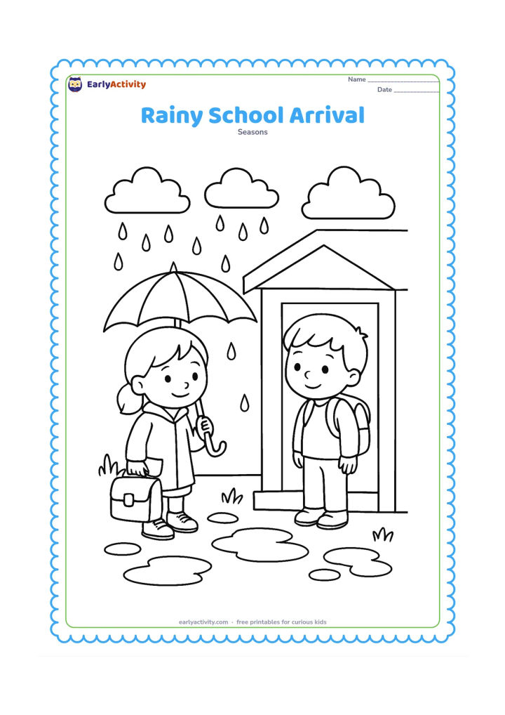Colouring page: A child arrives at school holding an umbrella and carrying a covered school bag. Another child waits under the roof near the doorway, with puddles, rain clouds and a few plants outside.
