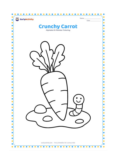 Colouring page: A large carrot lies diagonally on a small patch of soil, with leafy tops above it and two rounded soil clumps nearby. Include a tiny friendly garden worm beside the carrot.
