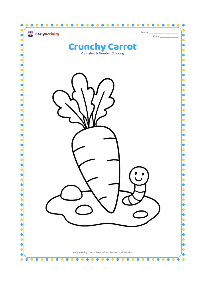 Colouring page: A large carrot lies diagonally on a small patch of soil, with leafy tops above it and two rounded soil clumps nearby. Include a tiny friendly garden worm beside the carrot.