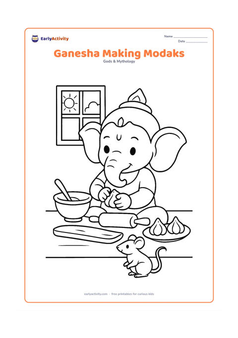 Colouring page: Lord Ganesha sits at a low kitchen counter shaping modaks, with a bowl, spoon, rolling board and several finished sweets nearby. His mouse watches from the floor, and a simple window…