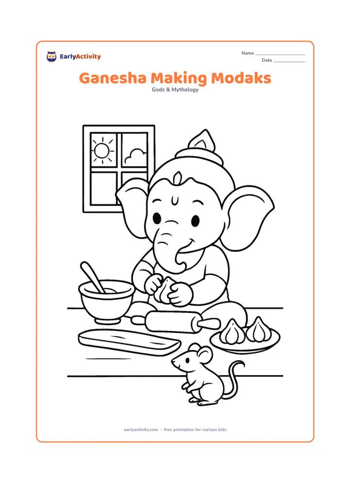 Colouring page: Lord Ganesha sits at a low kitchen counter shaping modaks, with a bowl, spoon, rolling board and several finished sweets nearby. His mouse watches from the floor, and a simple window…