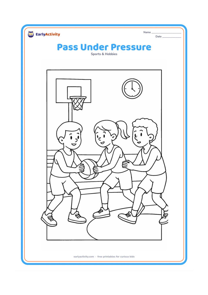 Colouring page: Two teammates make a quick pass while an opposing player reaches to defend, with a hoop, backboard, key area, sideline bench, and wall-mounted clock in the gym. The clock face must have…