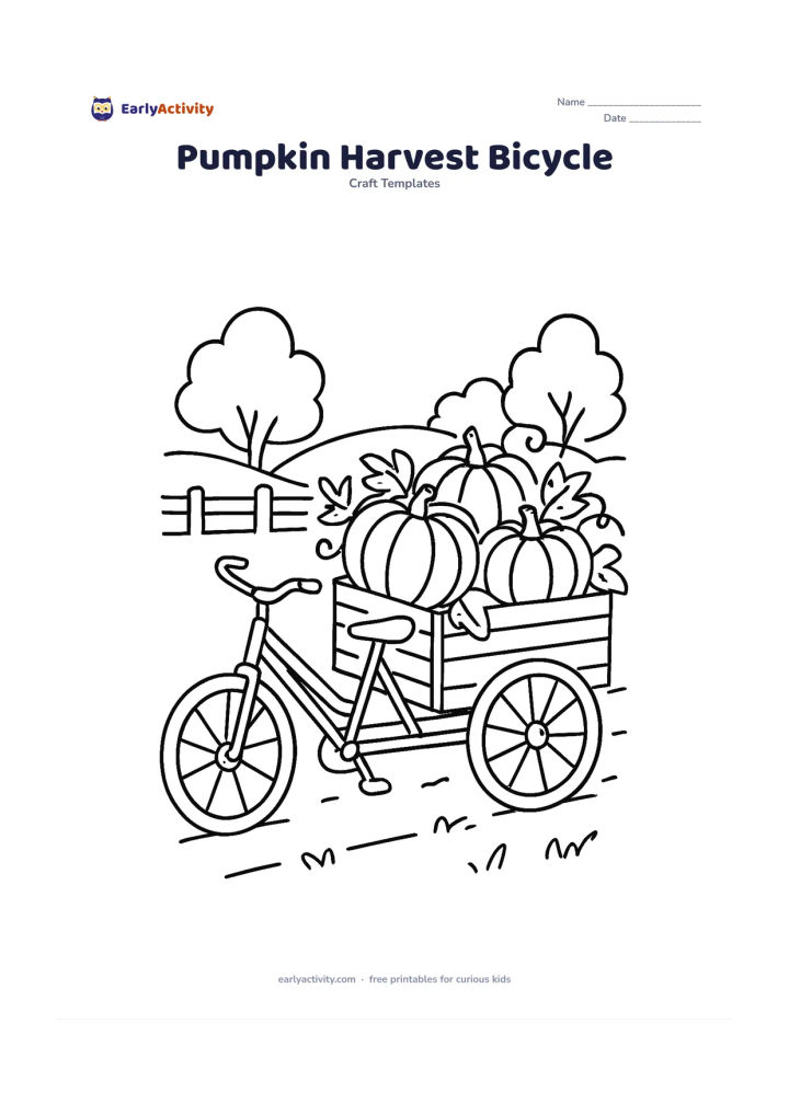 Worksheet: A simple bicycle cart carries several pumpkins, leaves, and vines along a village path with a low fence and distant rounded trees. Keep the pumpkins as clear individual outlines within…