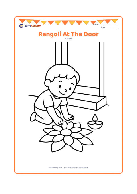 Colouring page: A child kneels beside a simple symmetrical rangoli at the entrance of an Indian home, placing one large flower shape near the edge. Show a doorway, two steps and one diya, with the…