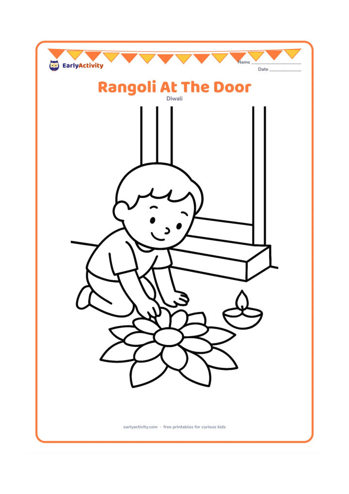 Colouring page: A child kneels beside a simple symmetrical rangoli at the entrance of an Indian home, placing one large flower shape near the edge. Show a doorway, two steps and one diya, with the…