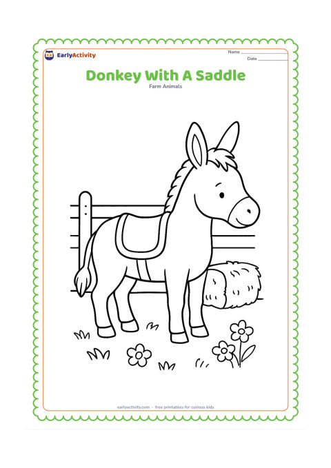 Colouring page: A calm donkey stands in profile wearing a simple decorative saddle blanket and soft saddle. Place it beside a wooden fence with a hay bale and a few meadow flowers.