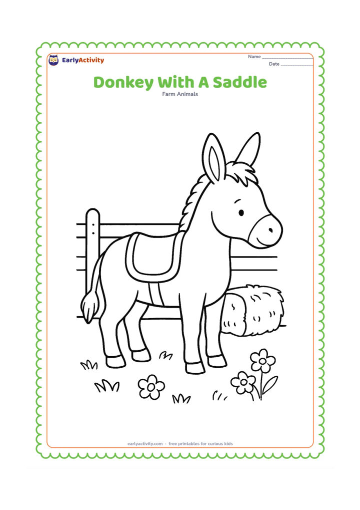 Colouring page: A calm donkey stands in profile wearing a simple decorative saddle blanket and soft saddle. Place it beside a wooden fence with a hay bale and a few meadow flowers.
