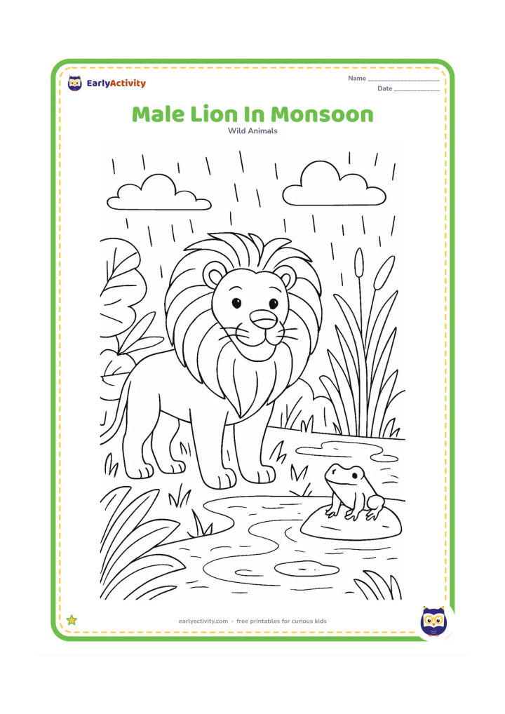 Colouring page: A maned lion stands in lush monsoon grass beside a rain-filled pond, surrounded by broad leaves, reeds, puddles, clouds, and falling rain. Add a frog on a nearby stone as a small…
