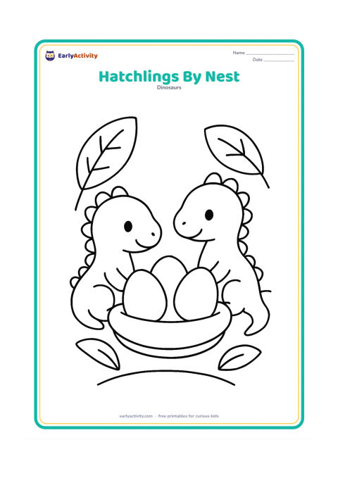 Colouring page: Draw two small baby dinosaurs sitting beside a rounded nest containing three large eggs. Add a few large leaves and a simple curved ground line around them.