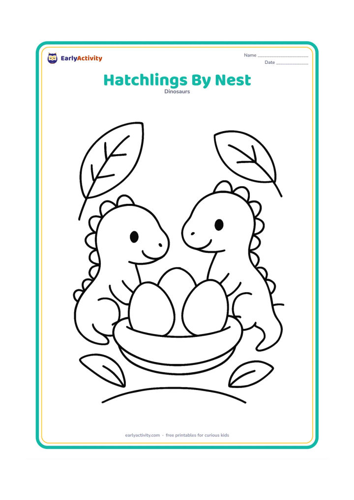 Colouring page: Draw two small baby dinosaurs sitting beside a rounded nest containing three large eggs. Add a few large leaves and a simple curved ground line around them.