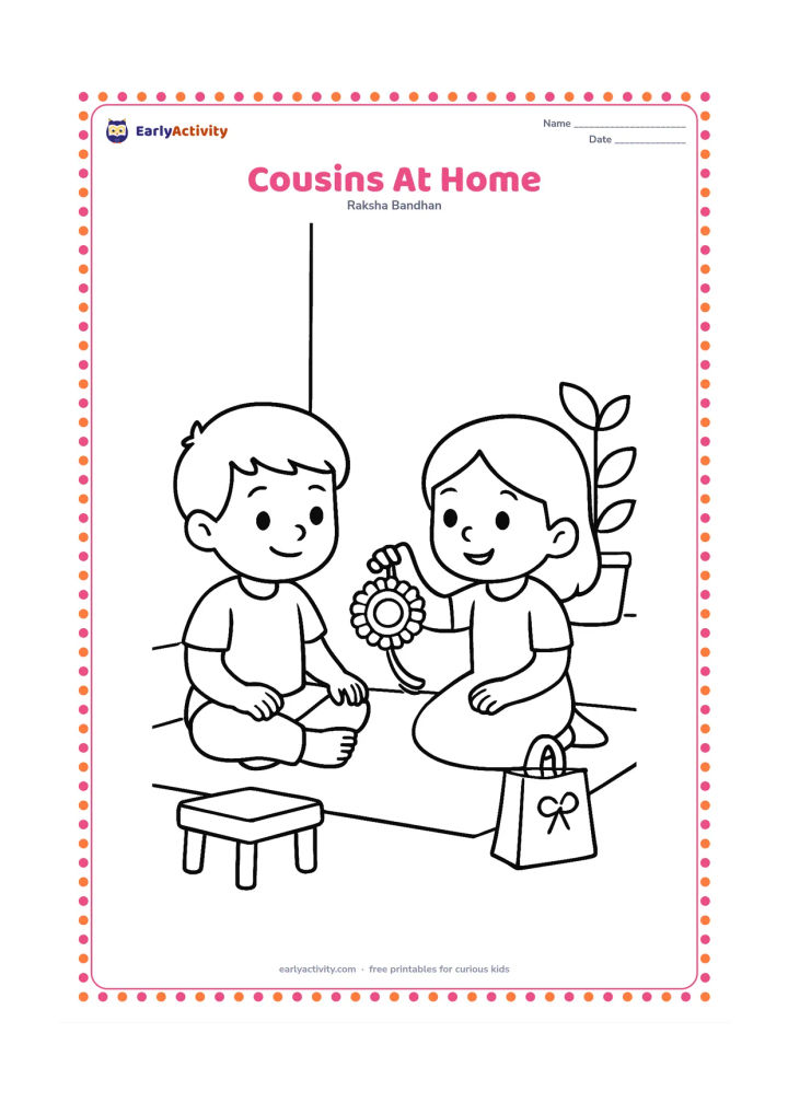 Colouring page: Two young cousins sit on a floor mat while one presents a large rakhi to the other. Show a simple Indian home corner with a low stool, a potted plant, and a small gift bag.