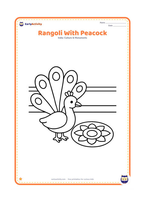 Colouring page: Place a broad, simple peacock shape beside a round rangoli with large feather-eye circles and a few petals. Set the scene in an open courtyard with a low wall.