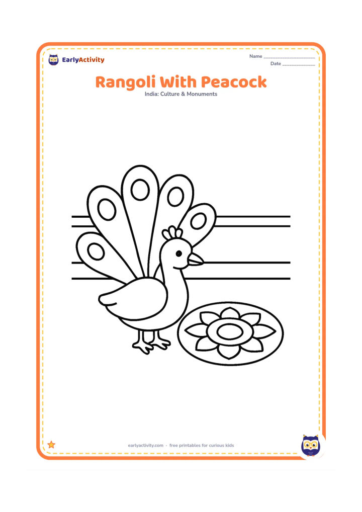 Colouring page: Place a broad, simple peacock shape beside a round rangoli with large feather-eye circles and a few petals. Set the scene in an open courtyard with a low wall.