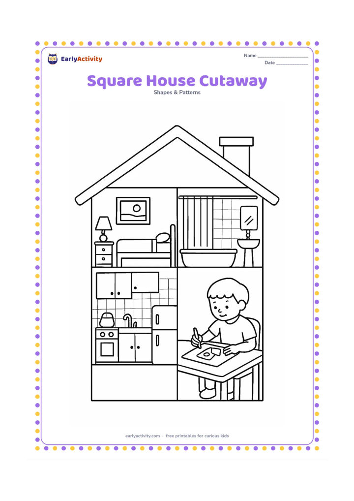 Colouring page: A detailed cutaway house has square windows, a square-tiled kitchen, a square picture frame, a tiled bathroom, and a child colouring at a table. Include family objects but no written…