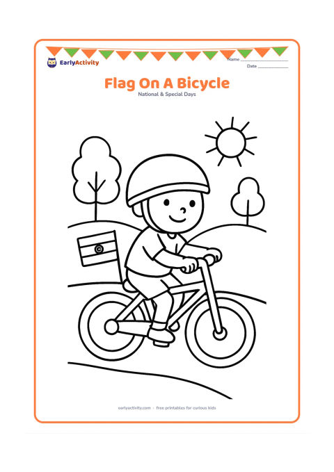 Colouring page: Draw a child riding a simple bicycle along a quiet path with a small Indian flag attached to the rear. Add two trees, a low hill and a bright sun in the background.