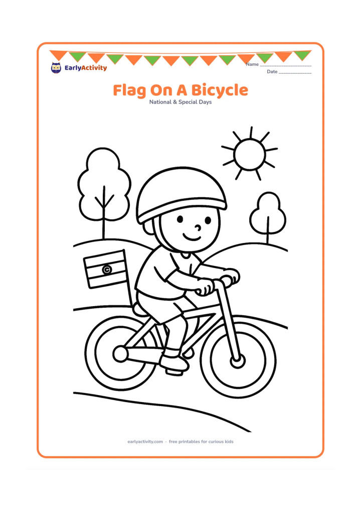 Colouring page: Draw a child riding a simple bicycle along a quiet path with a small Indian flag attached to the rear. Add two trees, a low hill and a bright sun in the background.