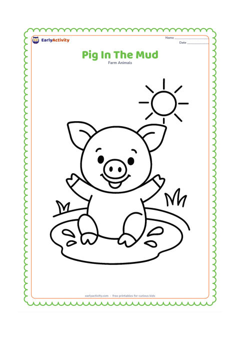 Colouring page: A happy pig sits in a shallow oval mud puddle with its front legs raised slightly. Add two simple splash shapes, grass tufts and a sun.
