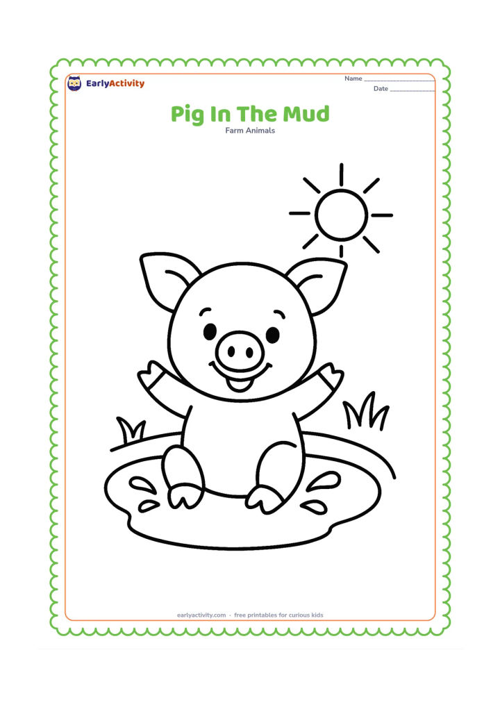 Colouring page: A happy pig sits in a shallow oval mud puddle with its front legs raised slightly. Add two simple splash shapes, grass tufts and a sun.
