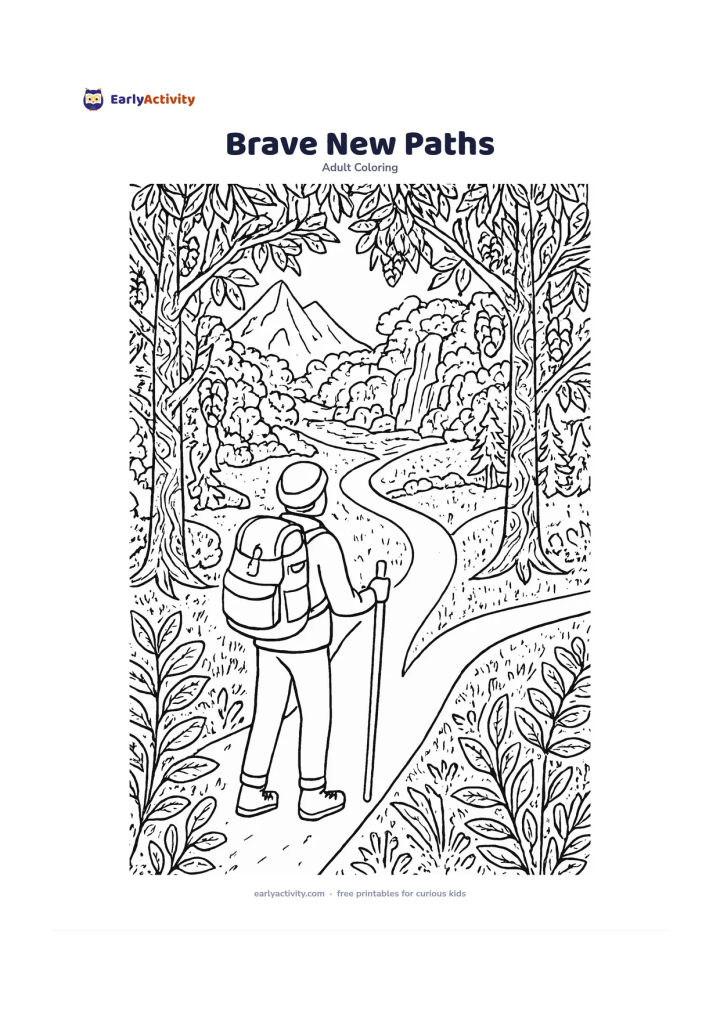 Colouring page: A hiker stands at a peaceful fork in a forest trail, choosing between paths leading toward mountains, a waterfall and a meadow, with a walking stick and backpack nearby. Decorate the…