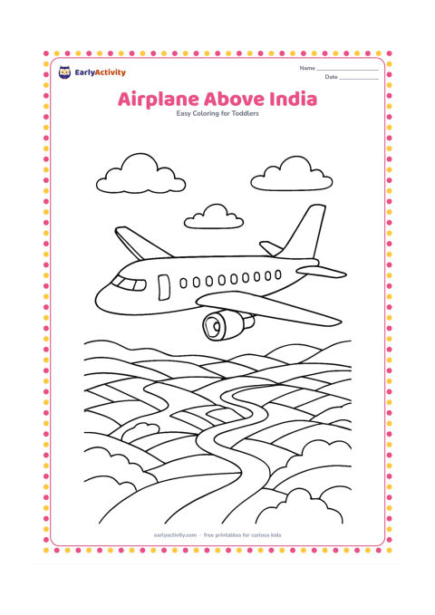 Colouring page: Draw a passenger aeroplane flying above a landscape with winding rivers, fields, hills and a few clouds. Show the wings, engines, tail and several blank windows clearly, without airline…