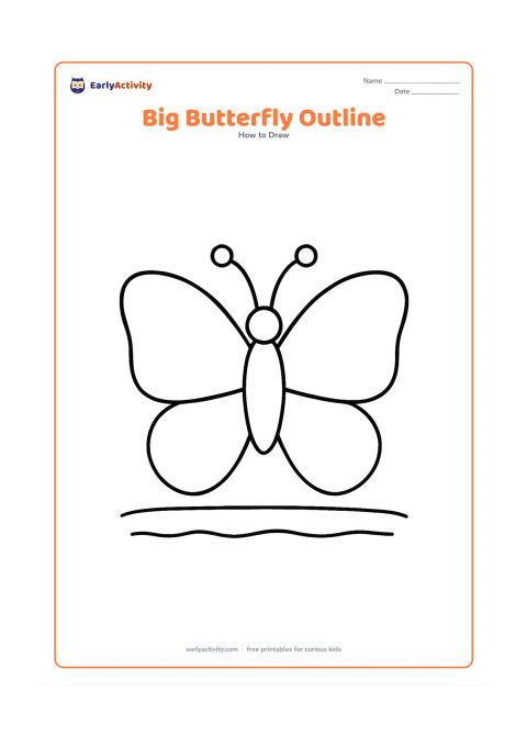 Worksheet: Show one large front-facing butterfly made from a centre oval, two broad upper wings and two rounded lower wings. Leave the wings mostly empty for tracing and colouring, with a small…