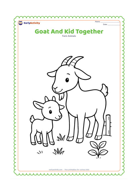 Colouring page: Draw a mother goat standing beside a smaller baby goat, both facing left toward a low patch of grass. Include a simple fence post and one leafy plant.