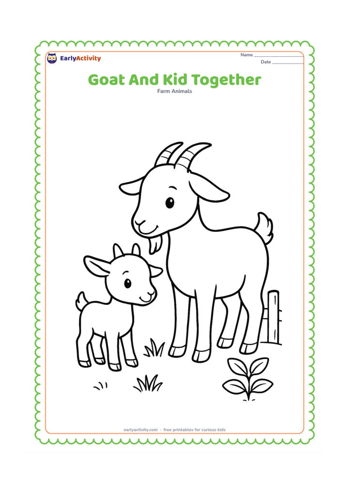 Colouring page: Draw a mother goat standing beside a smaller baby goat, both facing left toward a low patch of grass. Include a simple fence post and one leafy plant.