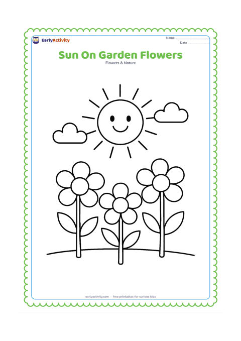 Colouring page: Draw a cheerful sun above three oversized garden flowers with simple stems and leaves. Add two rounded clouds and a broad patch of ground.