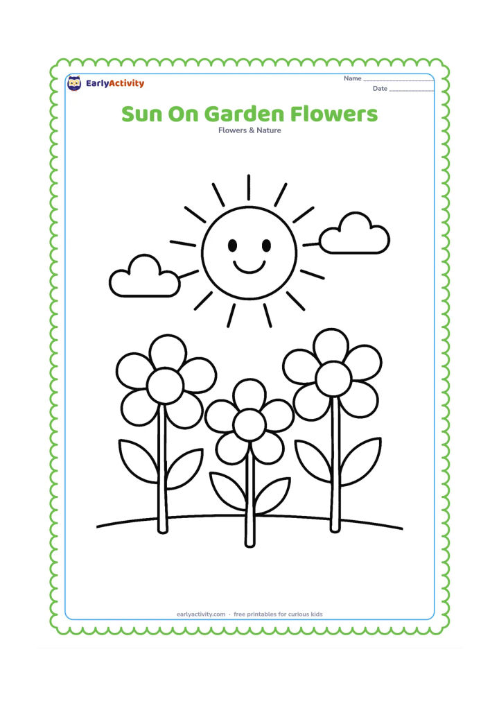 Colouring page: Draw a cheerful sun above three oversized garden flowers with simple stems and leaves. Add two rounded clouds and a broad patch of ground.