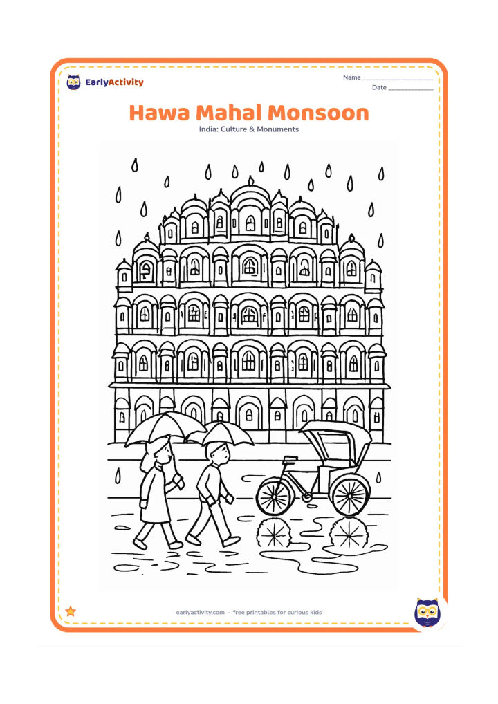 Colouring page: Show Hawa Mahal facing a wet Jaipur street, with its many arched windows, projecting balconies and a broad base. Two people walk with umbrellas past a parked cycle rickshaw, and puddles…