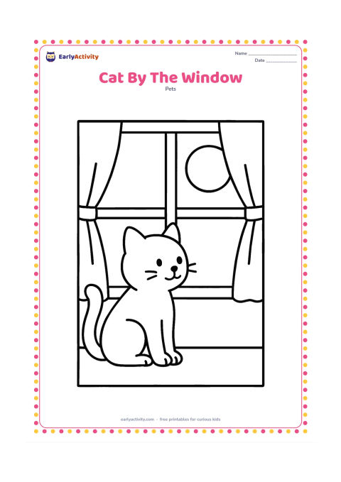 Colouring page: Draw a cat sitting beside a low window with two large panes, looking toward a round sun outside. Include one simple curtain on each side.
