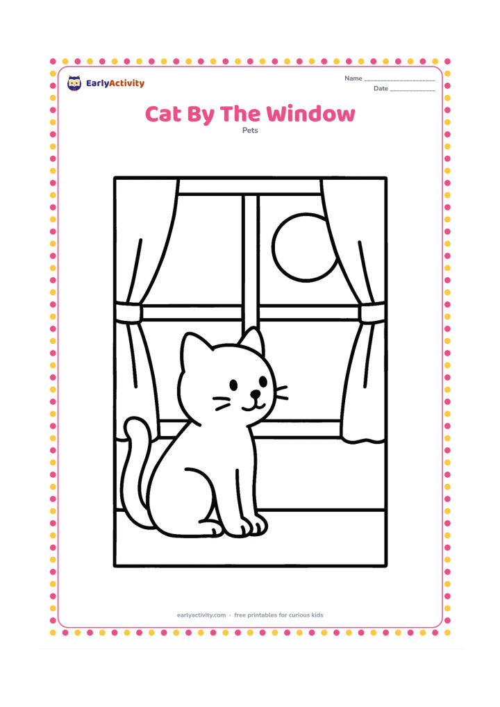 Colouring page: Draw a cat sitting beside a low window with two large panes, looking toward a round sun outside. Include one simple curtain on each side.