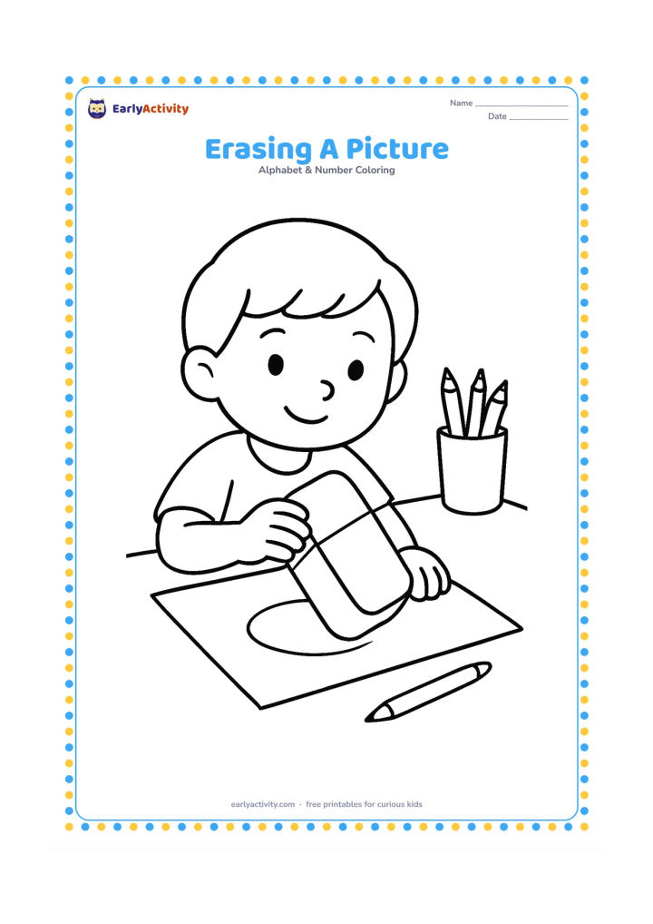 Colouring page: Draw a child holding a large eraser over a sheet of paper on a desk, with a pencil lying nearby. Show only simple blank shapes on the paper and add a pencil cup in the background.