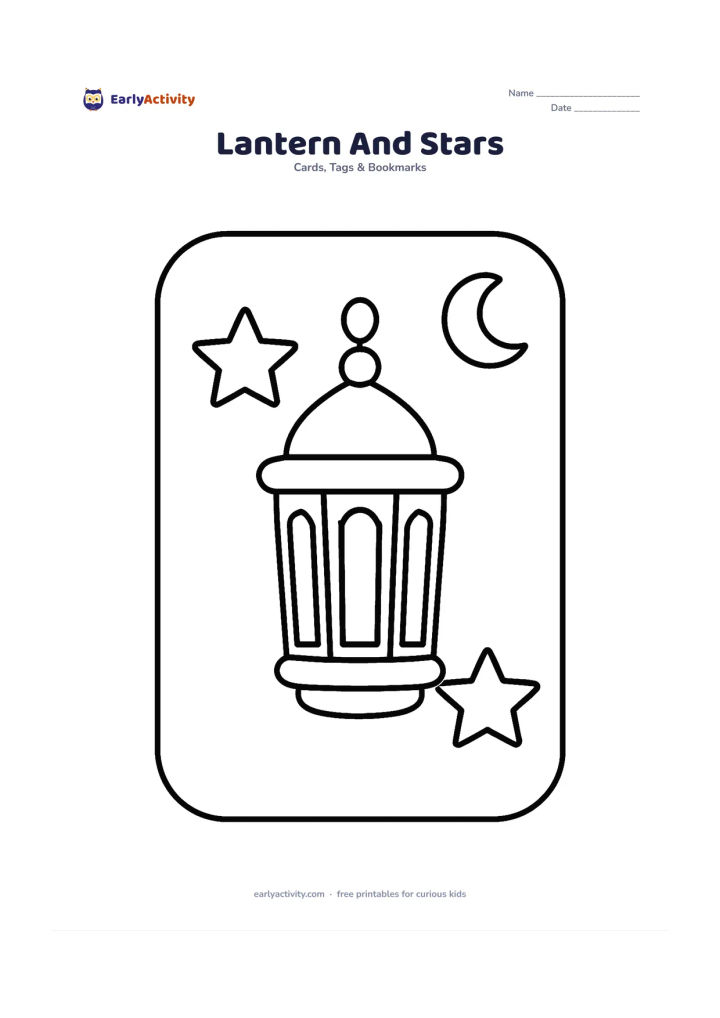 Worksheet: A large hanging lantern in the centre, flanked by two oversized stars and a small crescent moon. Place the composition inside a simple rounded card border.