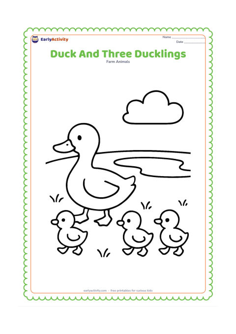Colouring page: A mother duck walks beside three small ducklings on a grassy pond bank. Give each duckling a round body, tiny bill and simple feet, with a small pond behind them.