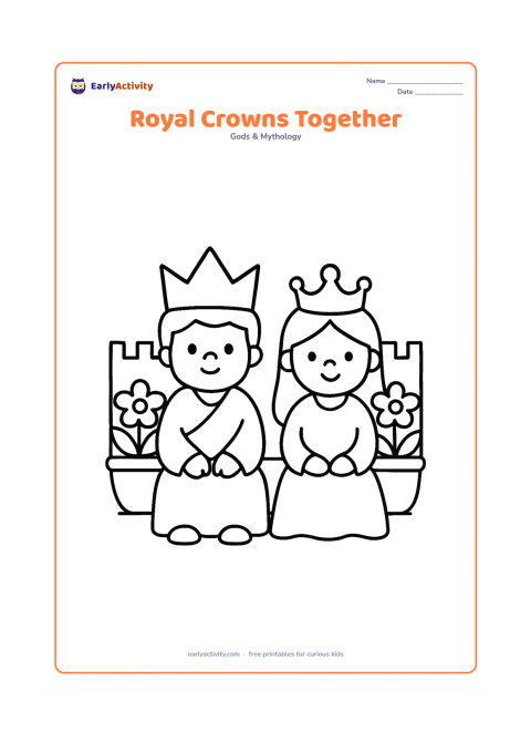 Colouring page: Ram and Sita sit side by side wearing simple crowns, with a low palace wall and two large flower pots behind them.