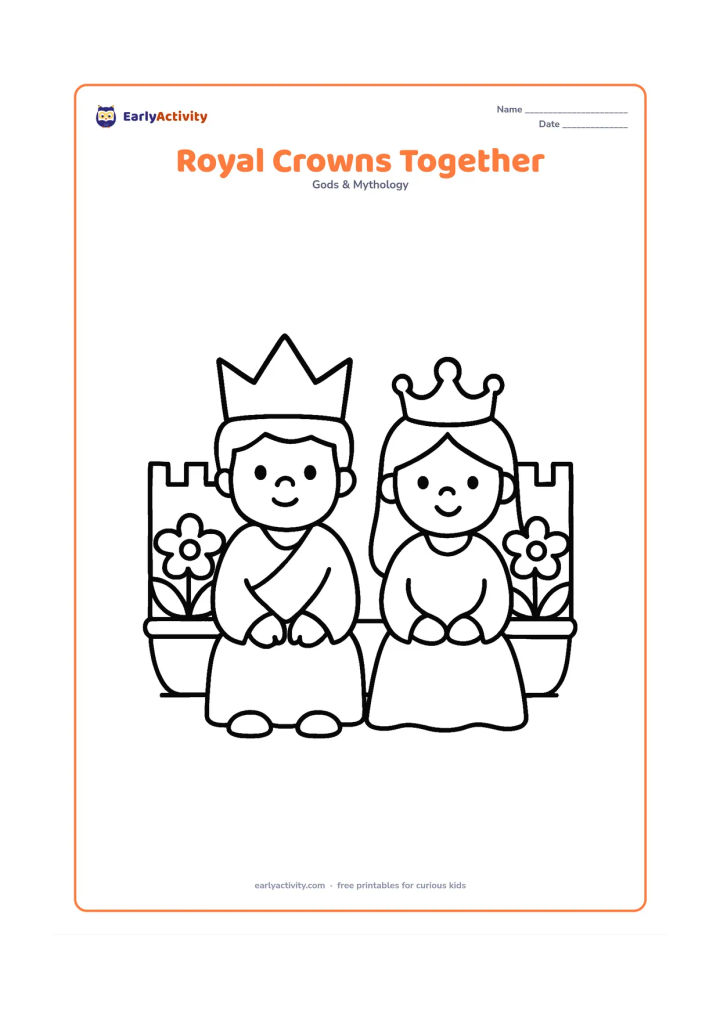 Colouring page: Ram and Sita sit side by side wearing simple crowns, with a low palace wall and two large flower pots behind them.