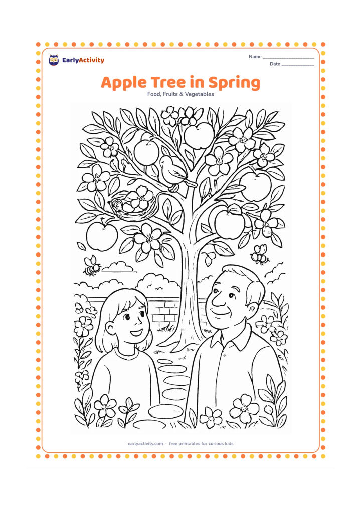 Colouring page: Draw a detailed spring garden with a mature apple tree carrying several apples, fresh blossoms, leaves and a small bird's nest, while a child and grandparent look up from a path in the…