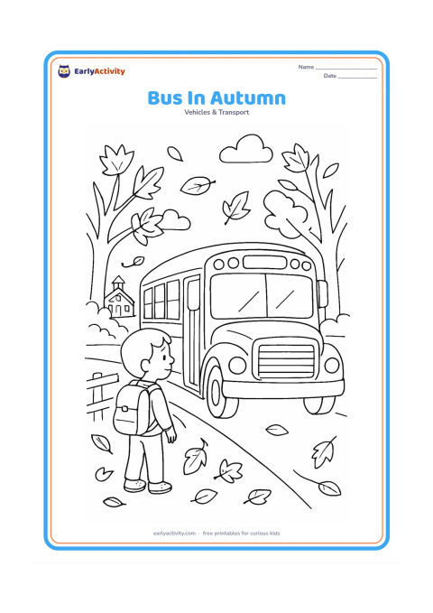 Colouring page: Draw a school bus stopped along a tree-lined road with falling leaves, a child carrying a backpack, a low fence, and a distant school building. Show several different leaf shapes.