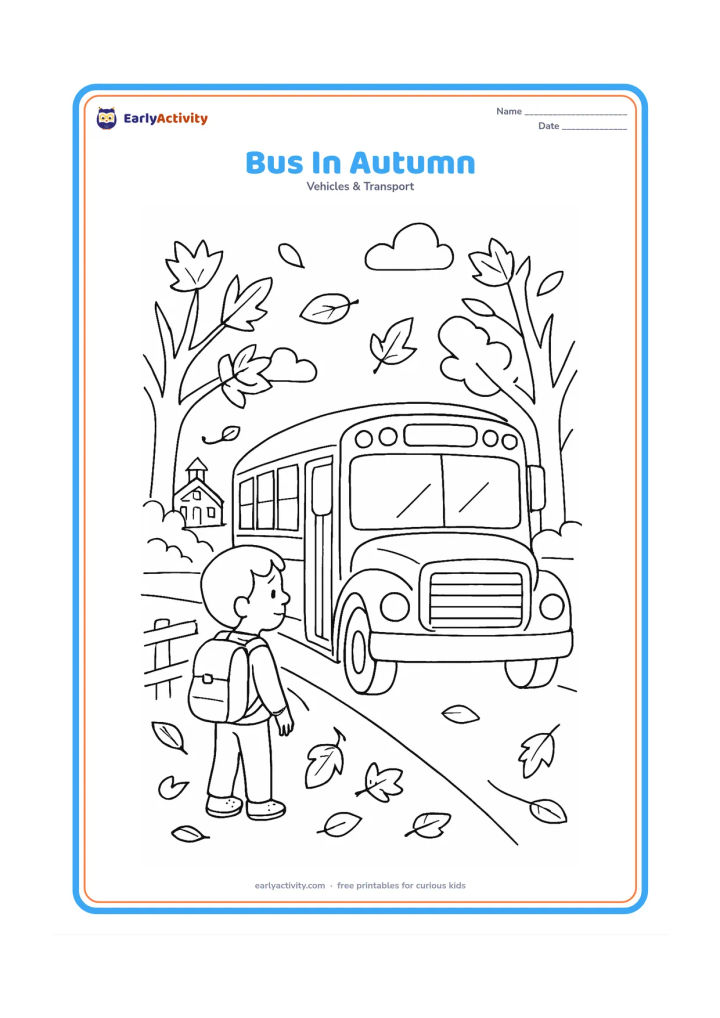 Colouring page: Draw a school bus stopped along a tree-lined road with falling leaves, a child carrying a backpack, a low fence, and a distant school building. Show several different leaf shapes.