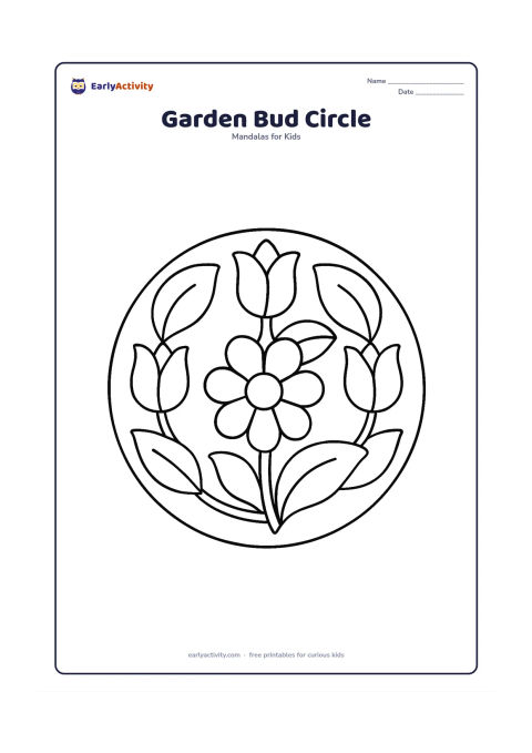 Colouring page: A simple round mandala with three large flower buds arranged around a central open flower, connected by broad curved stems. Fill the outer edge with a few large leaves and wide petals.