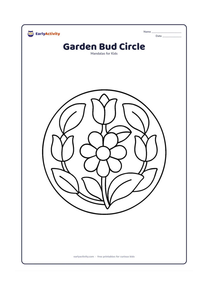 Colouring page: A simple round mandala with three large flower buds arranged around a central open flower, connected by broad curved stems. Fill the outer edge with a few large leaves and wide petals.